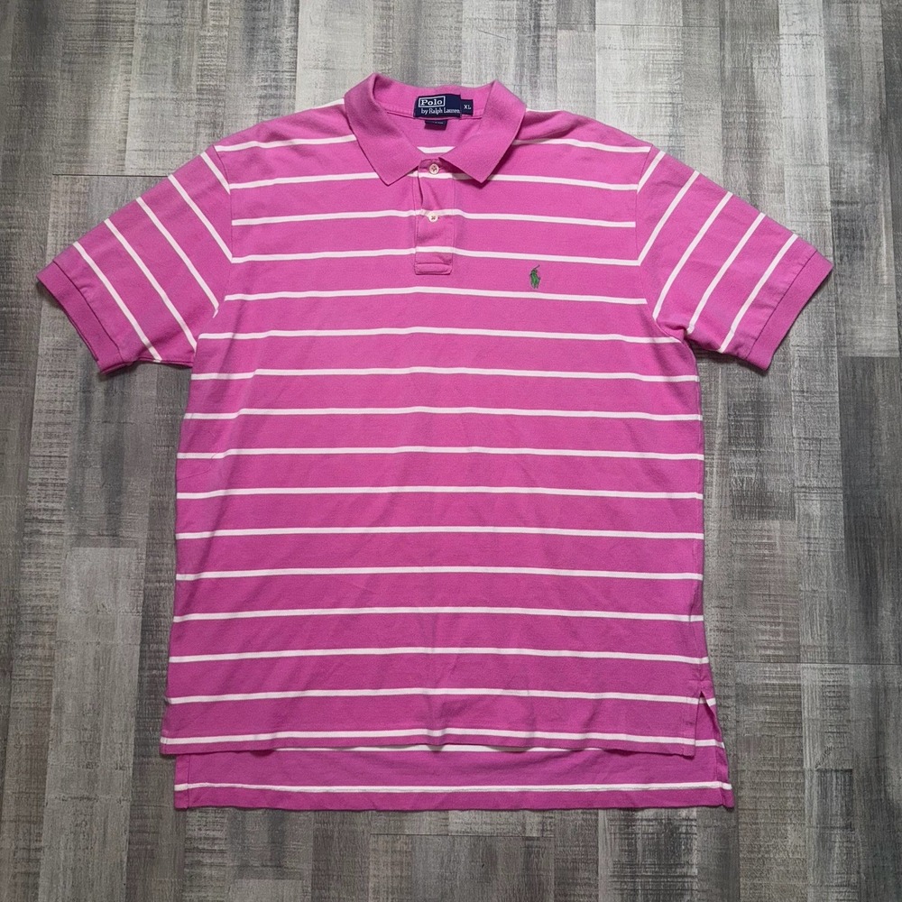 Polo Ralph Lauren Polo Shirt Mens XL Pink White Stripe Green Pony Cotton
